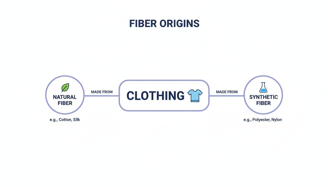 Flowchart illustrating fiber origins: natural (cotton, silk) and synthetic (polyester, nylon) both make clothing.