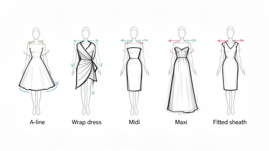 Illustrations showing five different dress styles: A-line, Wrap dress, Midi, Maxi, and Fitted sheath.