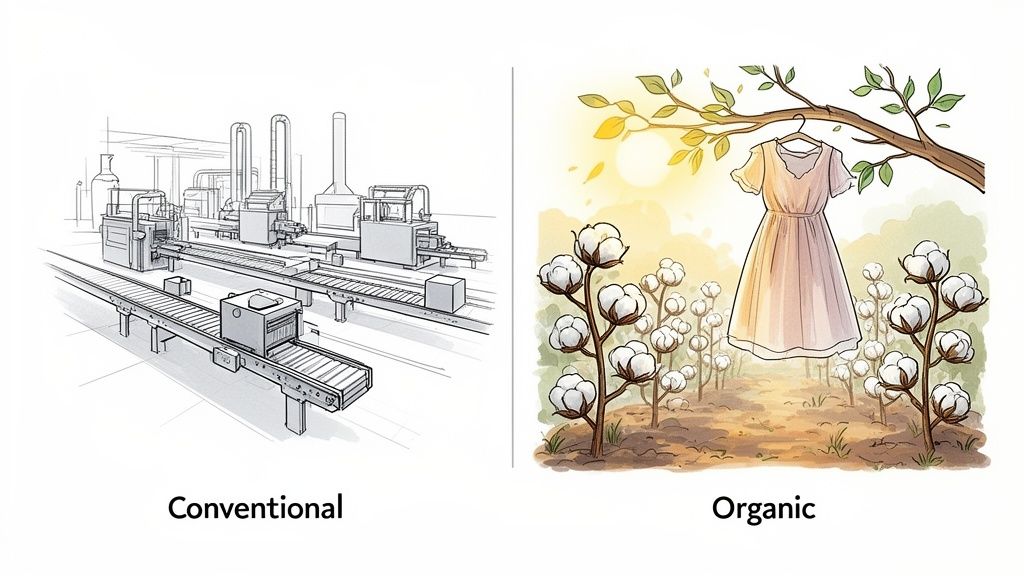 Illustration contrasting conventional industrial production with an organic cotton field featuring a dress.