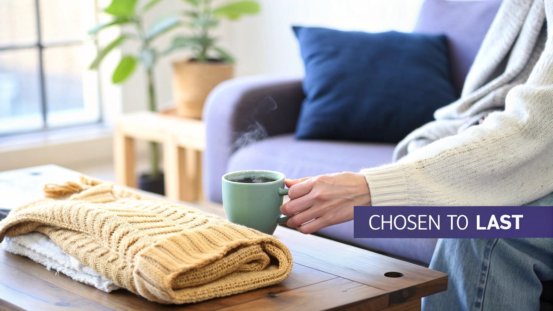 A person holds a steaming coffee mug next to a folded knit sweater on a table, conveying comfort.