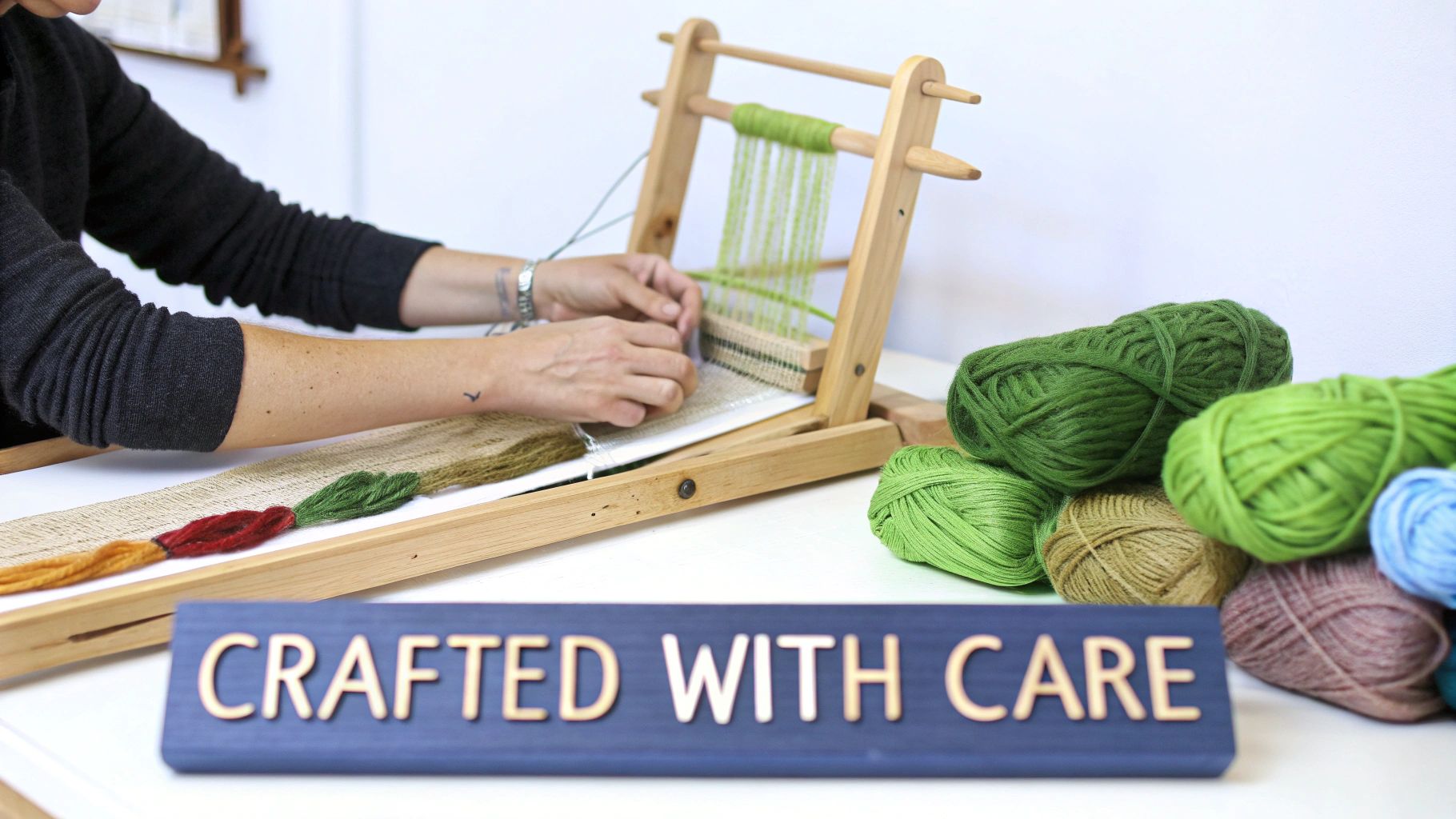 A person's hands weaving on a wooden loom with green yarn, surrounded by colorful yarn balls and a 'CRAFTED WITH CARE' sign.