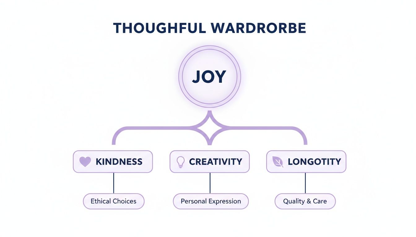 A thoughtful wardrobe concept map linking joy to kindness, creativity, and longevity principles.