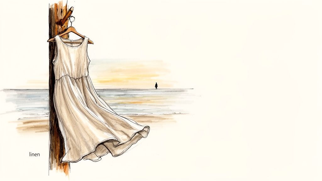 A watercolor illustration of a flowing linen dress hanging on a wooden post by a beach.