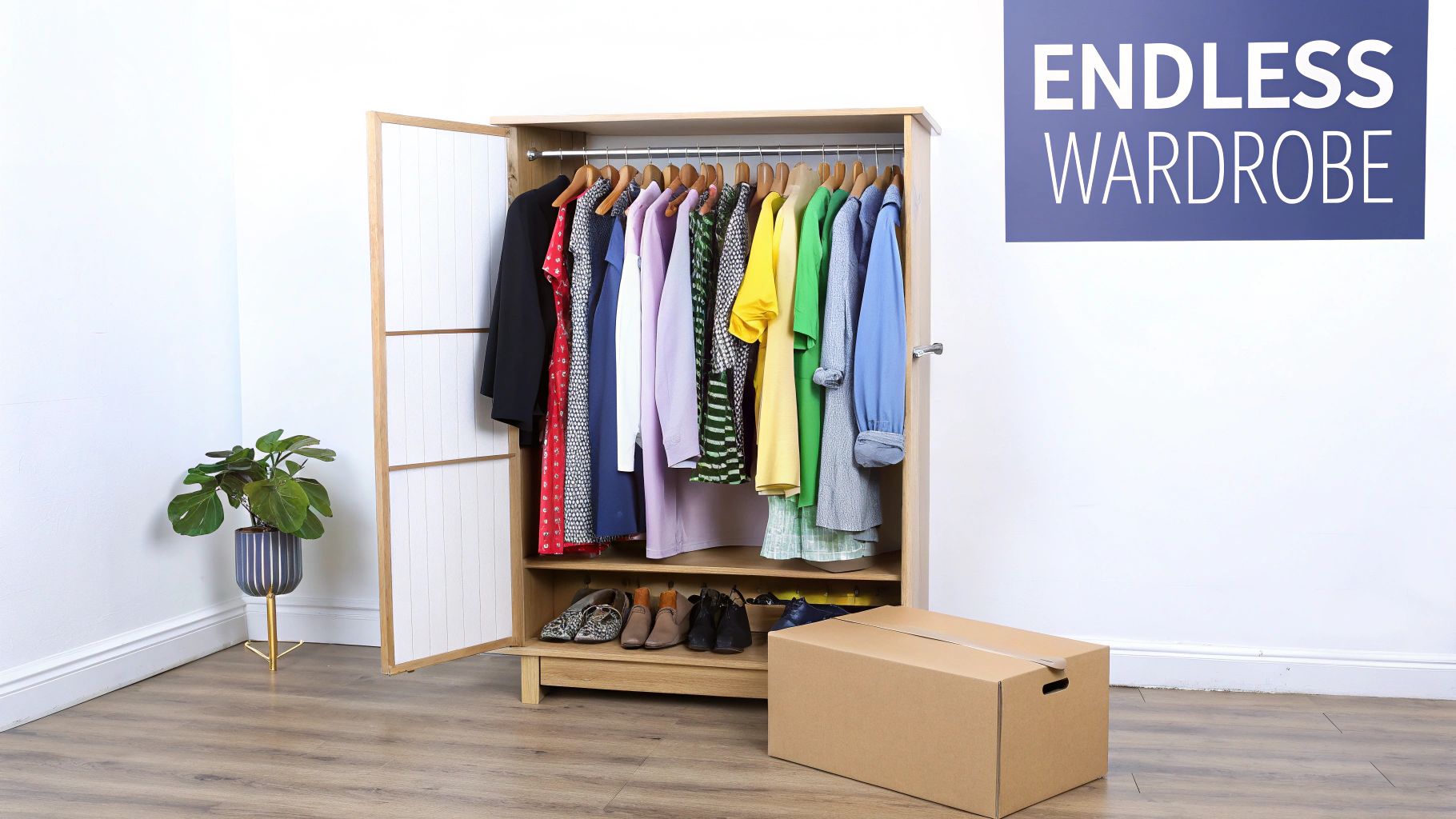 An open wooden wardrobe filled with colorful clothes, shoes, and a cardboard box on a wooden floor.