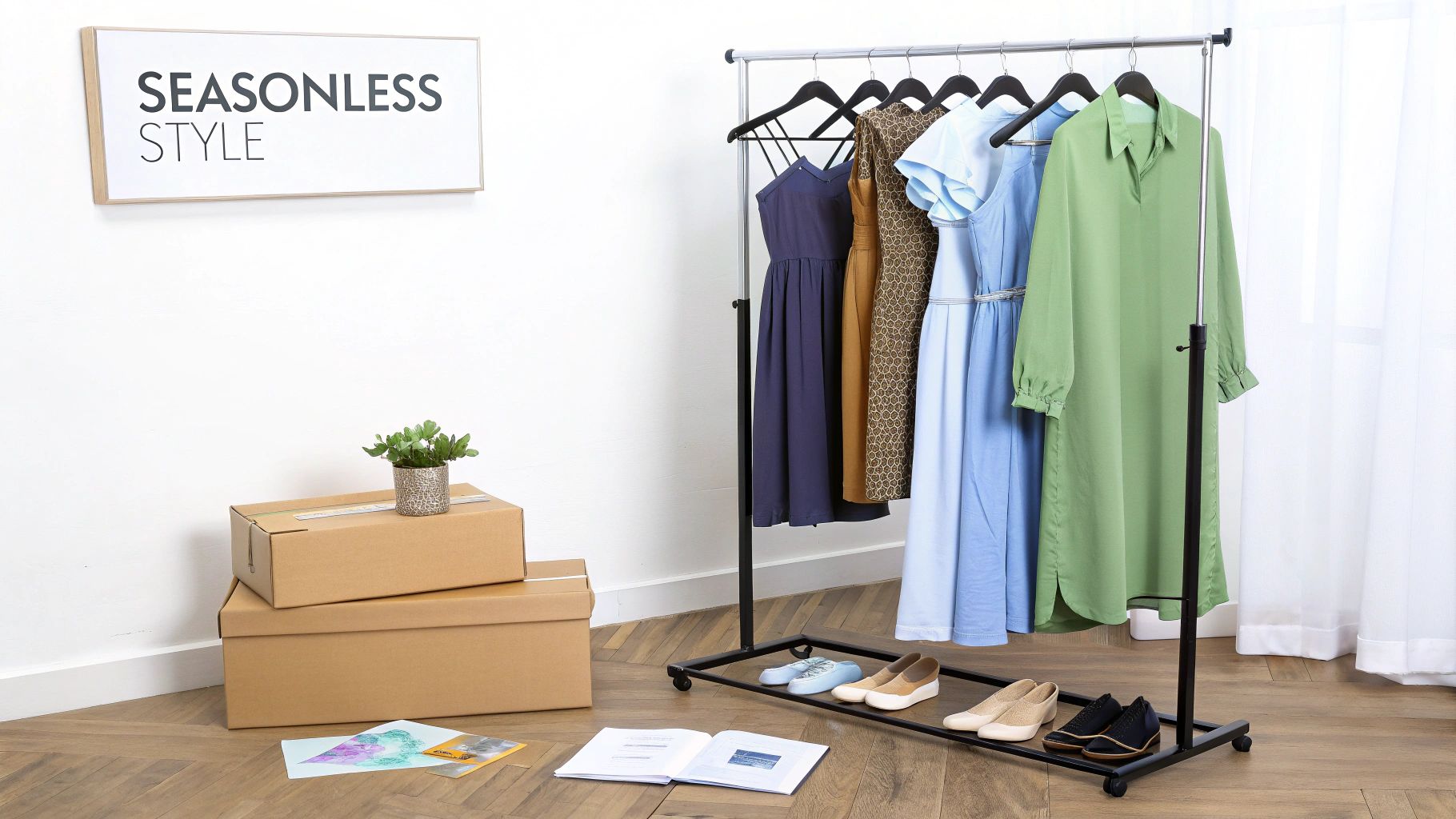 A minimalist clothing display with various dresses on a rack, shoes, and cardboard boxes.