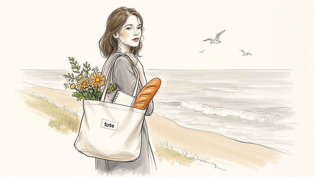 Illustration of a woman with a white tote bag, flowers, and baguette on a beach walk.