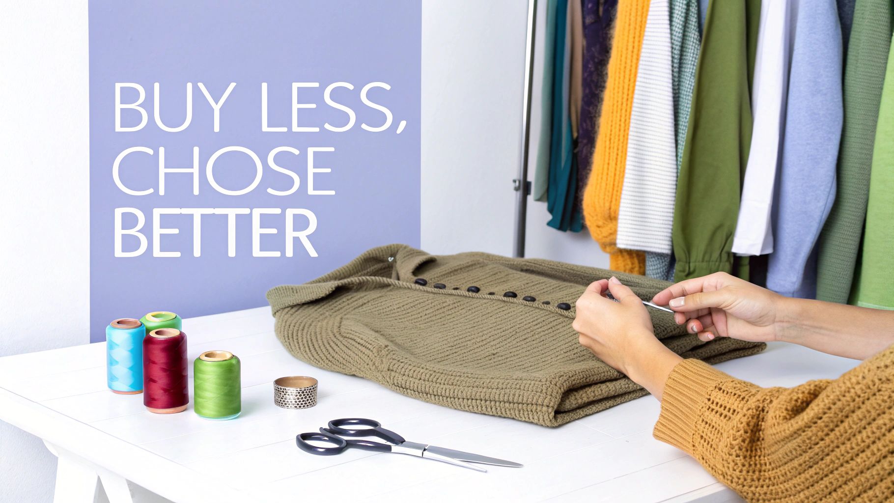 Hands mending a green knitted cardigan with needle and thread, promoting sustainable slow fashion.