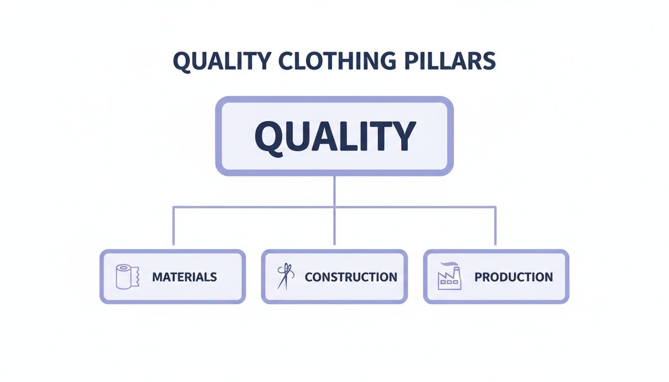 A diagram titled 'Quality Clothing Pillars' showing quality is built on materials, construction, and production.