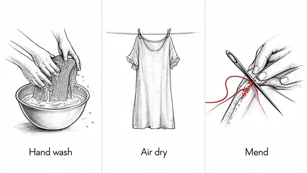 Three illustrations showing clothing care: hand washing, air drying a dress, and mending with needle and thread.