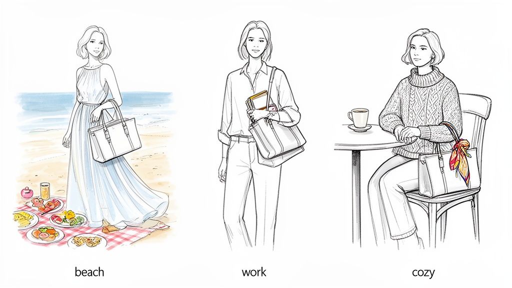 A woman with a white tote bag shown in three versatile settings: beach, work, and a cafe.