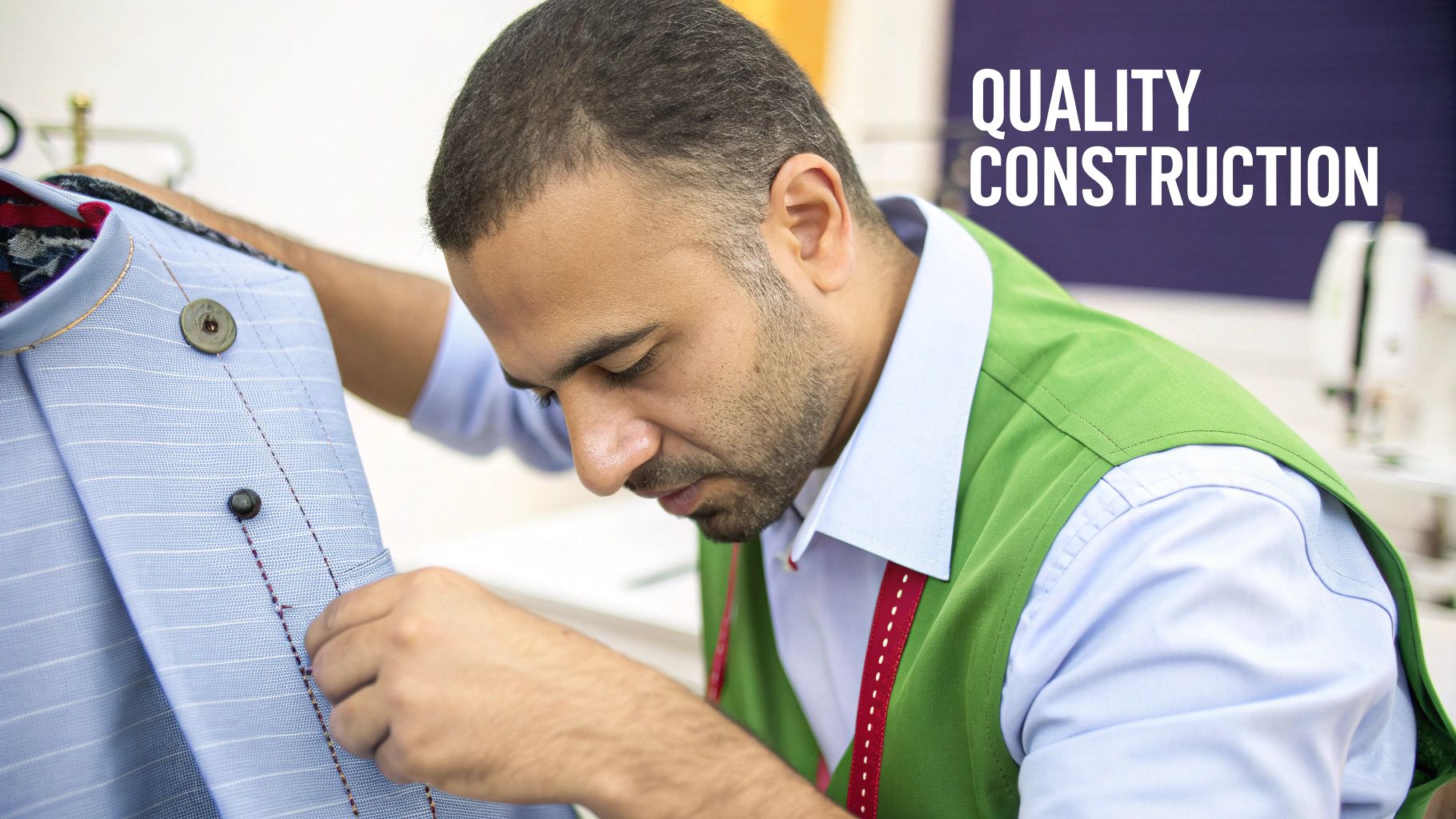 A meticulous tailor in a green vest carefully works on a light blue pinstriped garment, emphasizing quality.