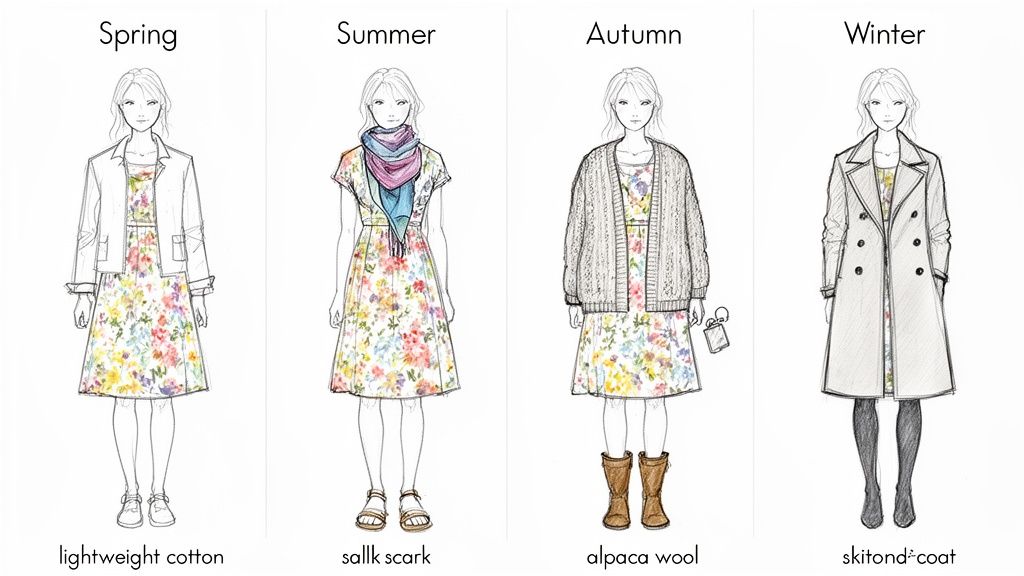 Four fashion illustrations display a floral dress styled for spring, summer, autumn, and winter seasons.