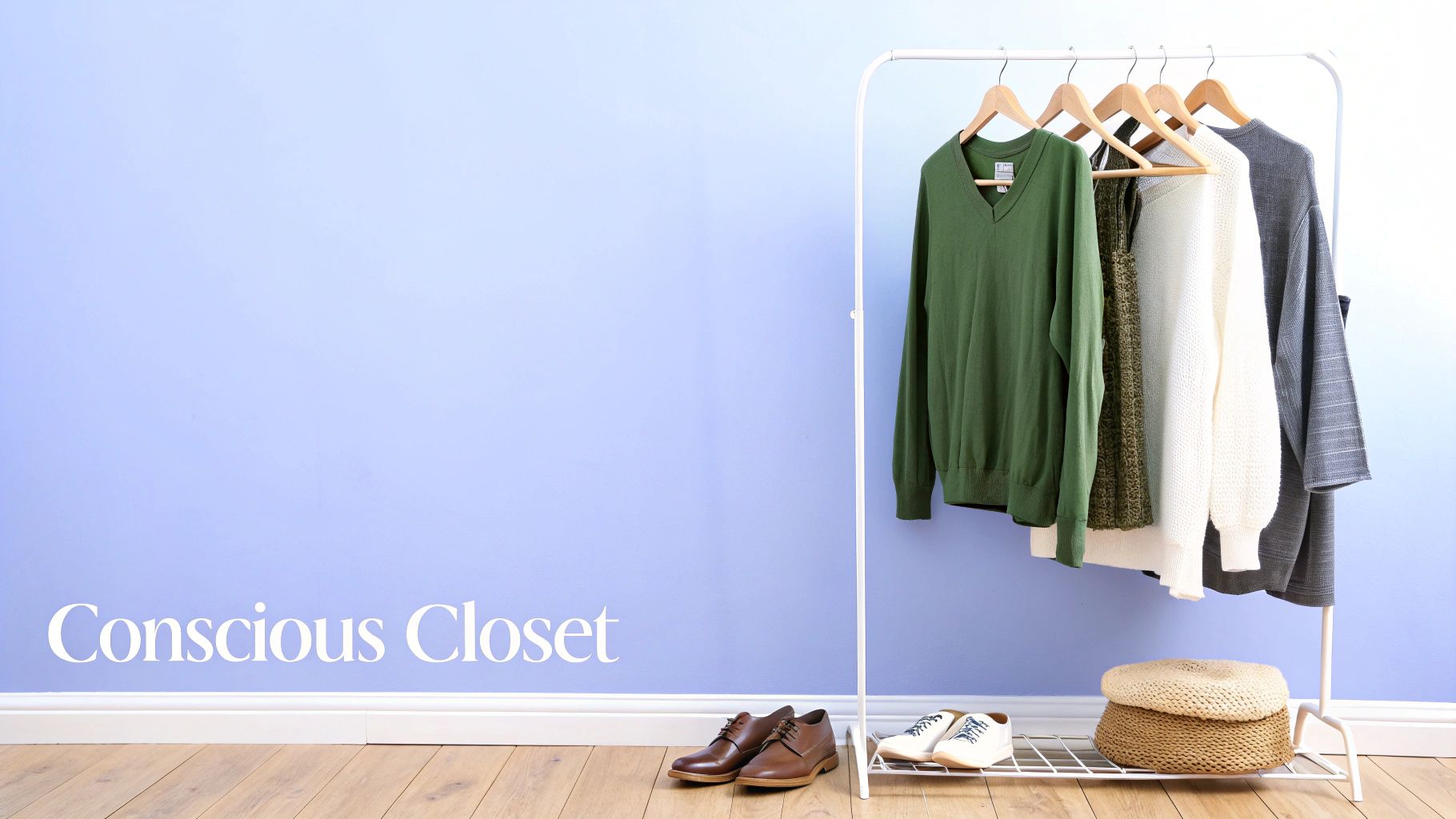 A white clothes rack with sweaters, shoes, and woven baskets, promoting a conscious closet.