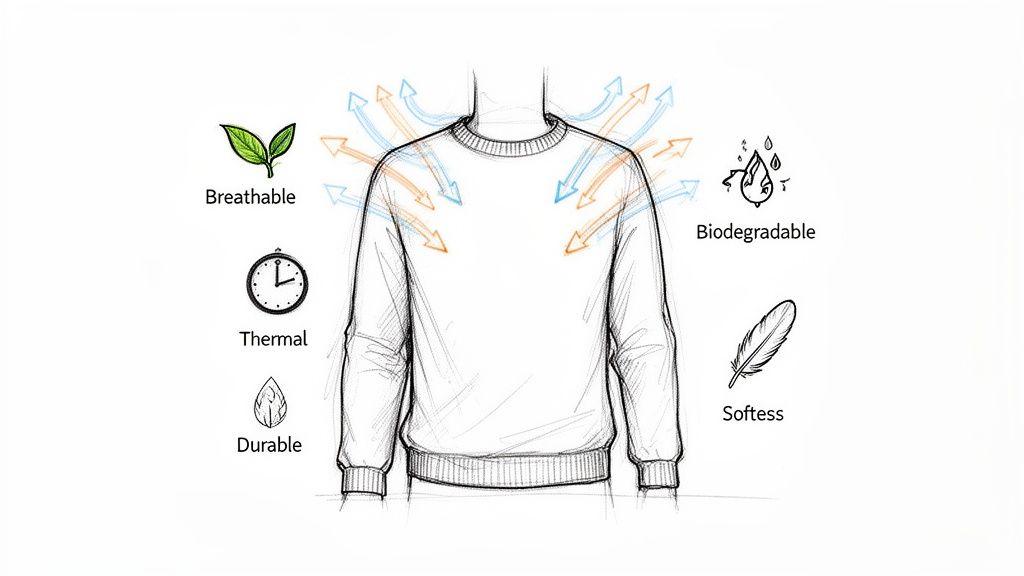 A sketch of a shirt illustrating natural fiber features: breathable, thermal, durable, biodegradable, and soft.