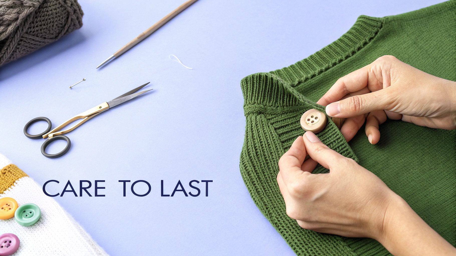 Hands sewing a wooden button onto a green knitted sweater, surrounded by knitting tools.