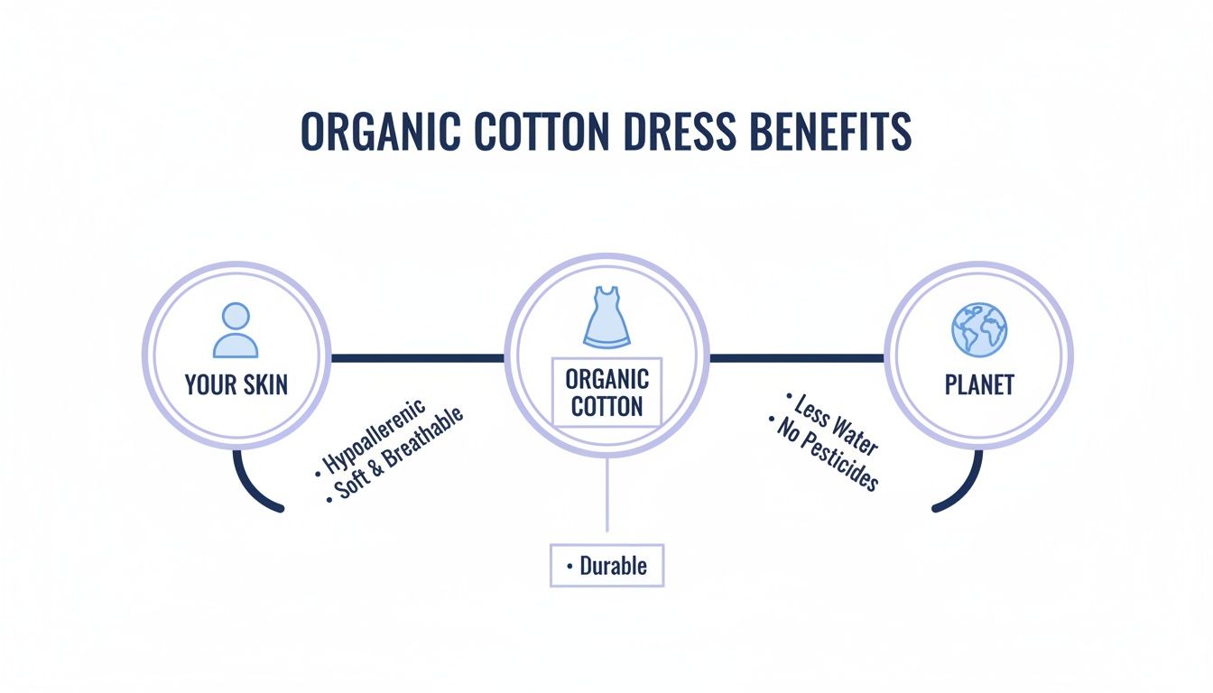 Diagram illustrating organic cotton dress benefits, including hypoallergenic, breathable, durable, and eco-friendly.
