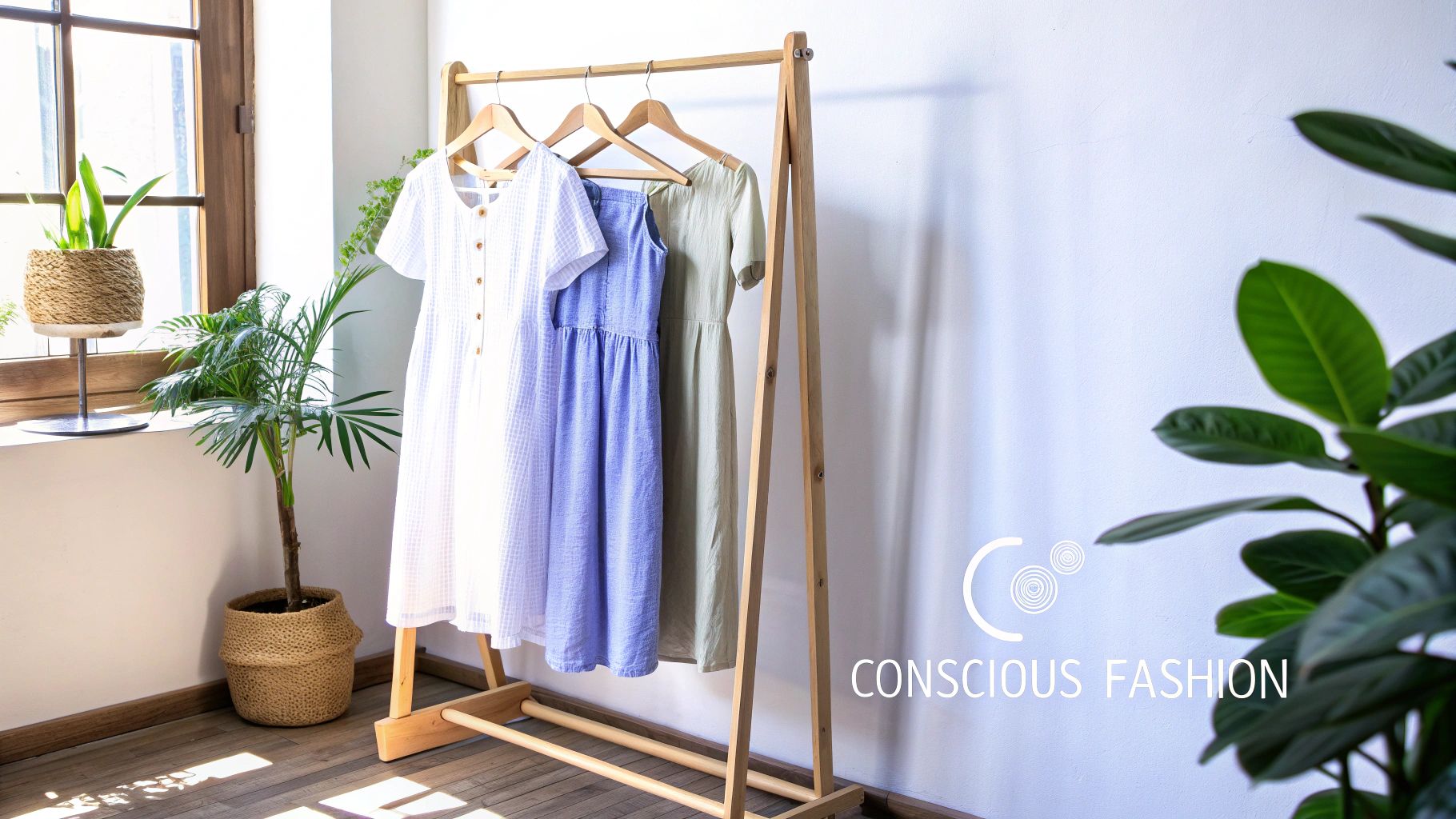 Three natural fabric dresses hang on a wooden rack, surrounded by potted plants, promoting conscious fashion.