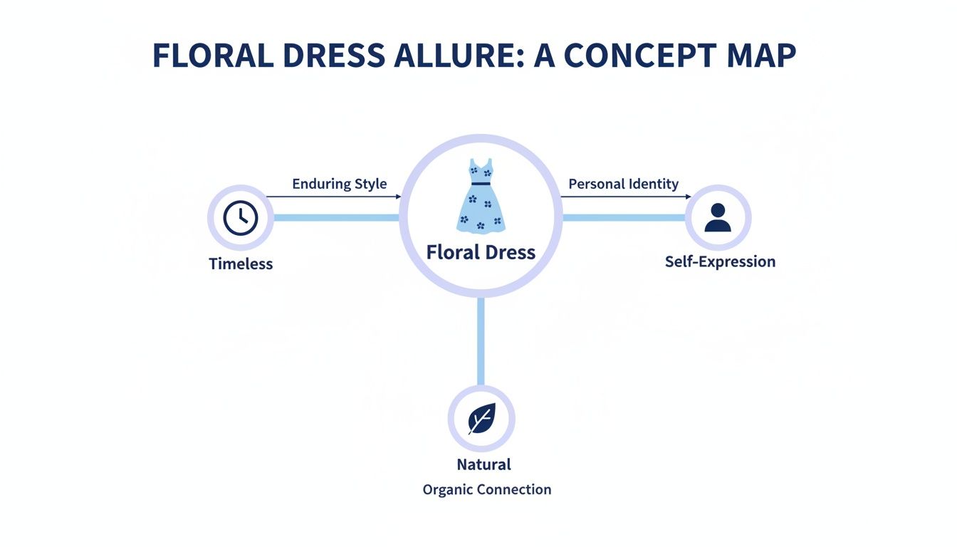A concept map illustrates the allure of floral dresses, connecting them to timeless style, self-expression, and natural organic connection.