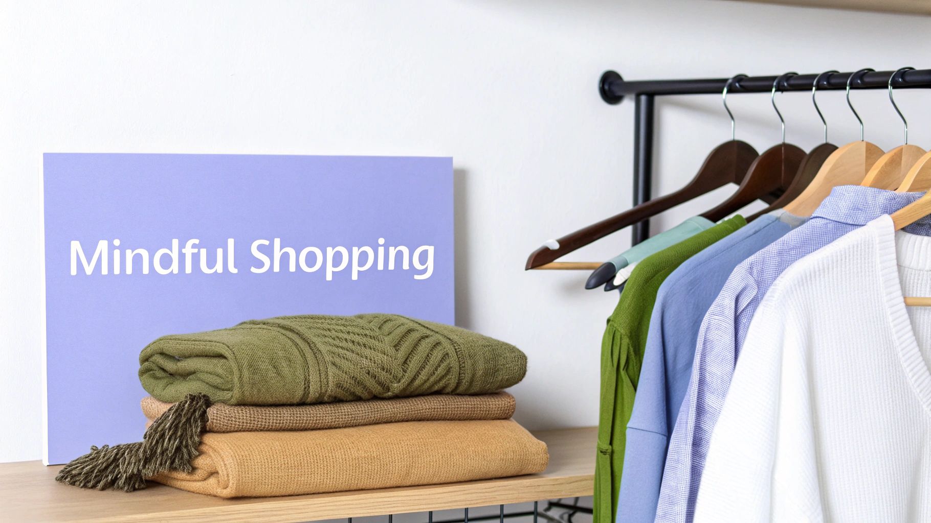 A 'Mindful Shopping' sign next to a stack of folded sweaters and a rack of hanging clothes.