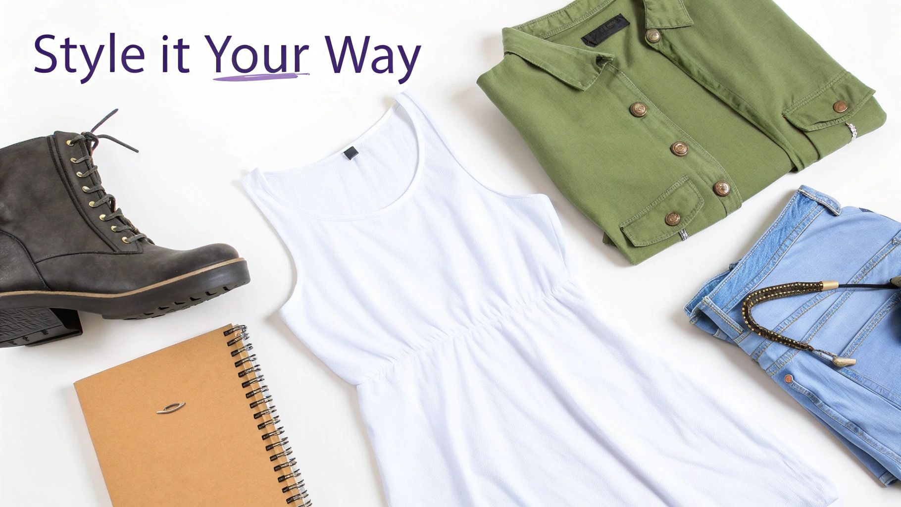 Flat lay of a white dress, green jacket, blue jeans, and combat boots with a notebook.