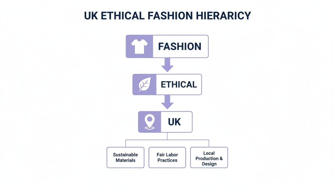 A hierarchy chart illustrating UK ethical fashion, detailing sustainable materials, fair labor, and local production.