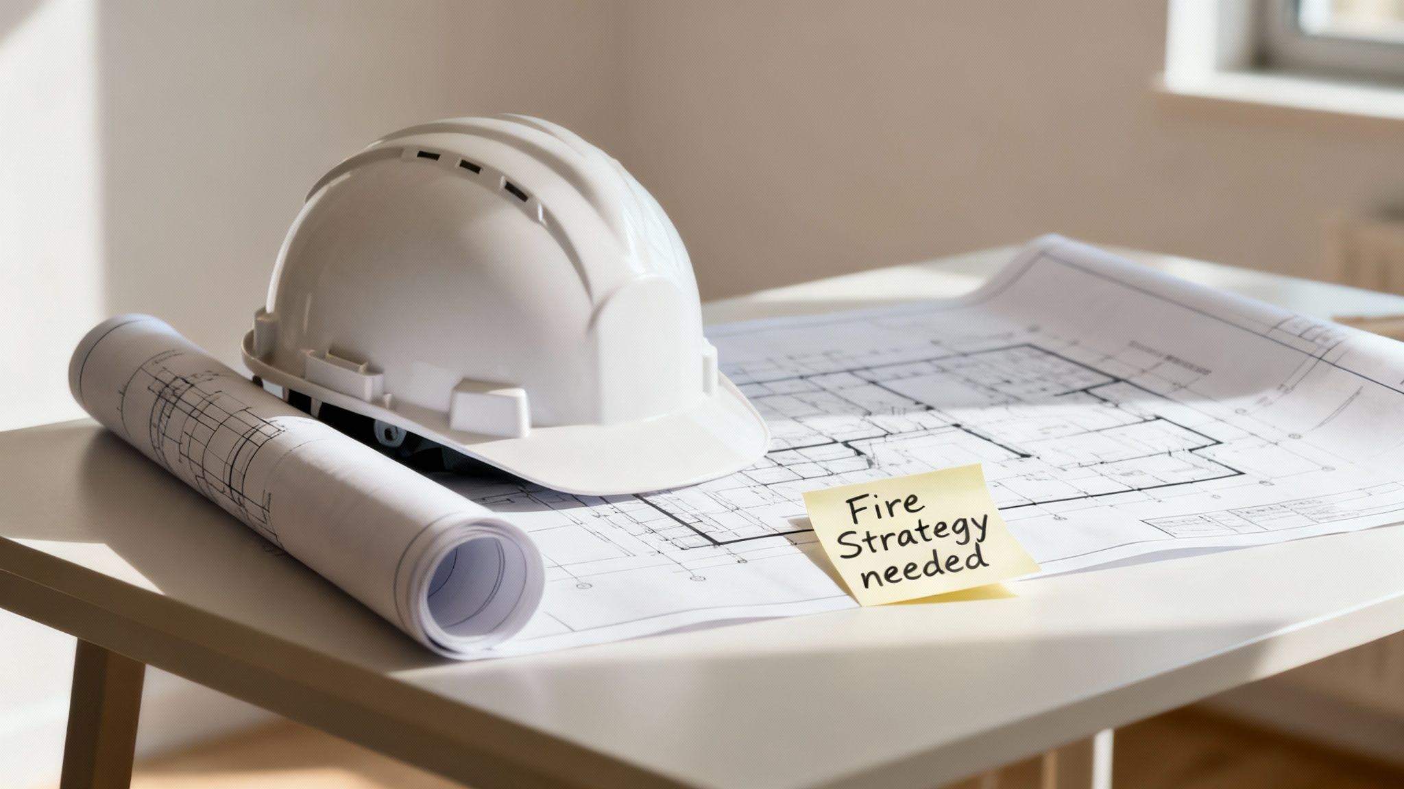 Construction blueprints on a table with a white hard hat and a sticky note 'Fire Strategy needed'.