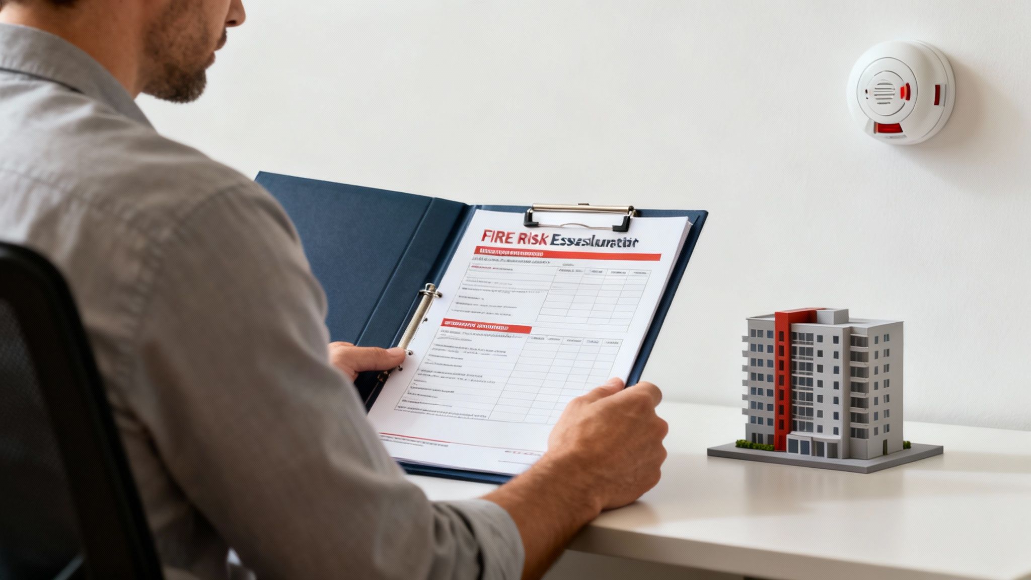 Man reviewing a fire risk assessment document with a building model and smoke detector.