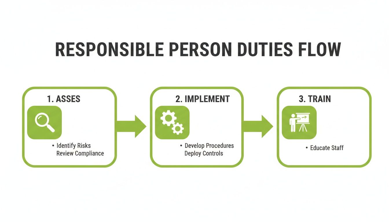 A flow diagram illustrating the three main duties of a responsible person: assess, implement, and train.