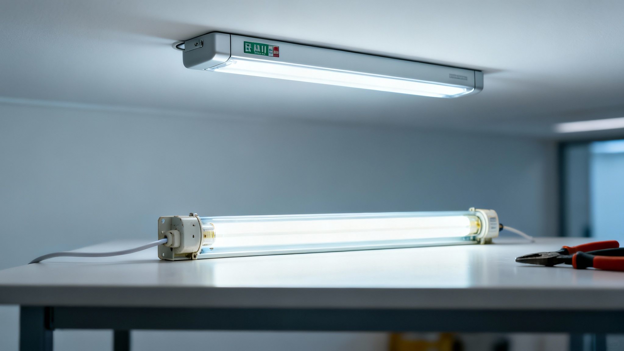 Bright emergency fluorescent light mounted on ceiling, with another tube and tools on table for repair.
