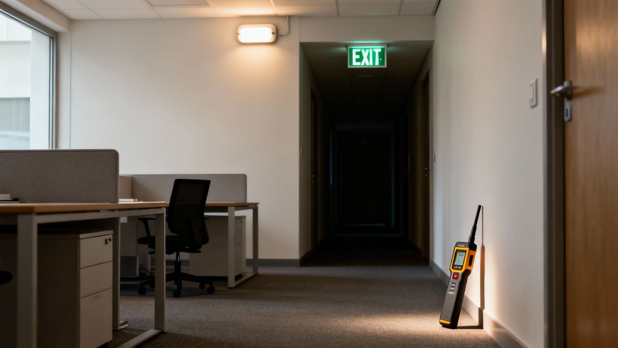 A gas leak detector leans against a wall in an office with an 'EXIT' sign in a dark corridor.