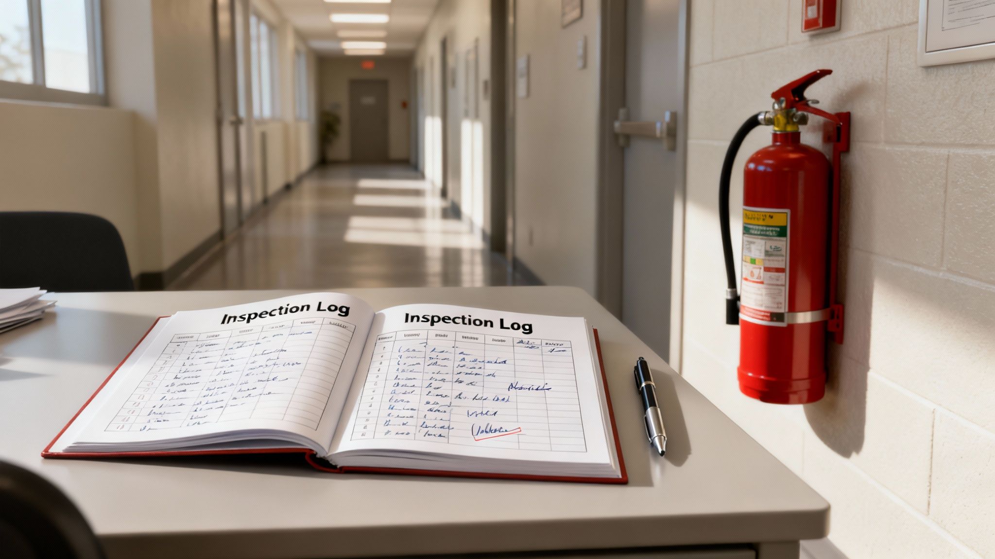 An open inspection logbook and pen on a desk, with a red fire extinguisher on a hallway wall.