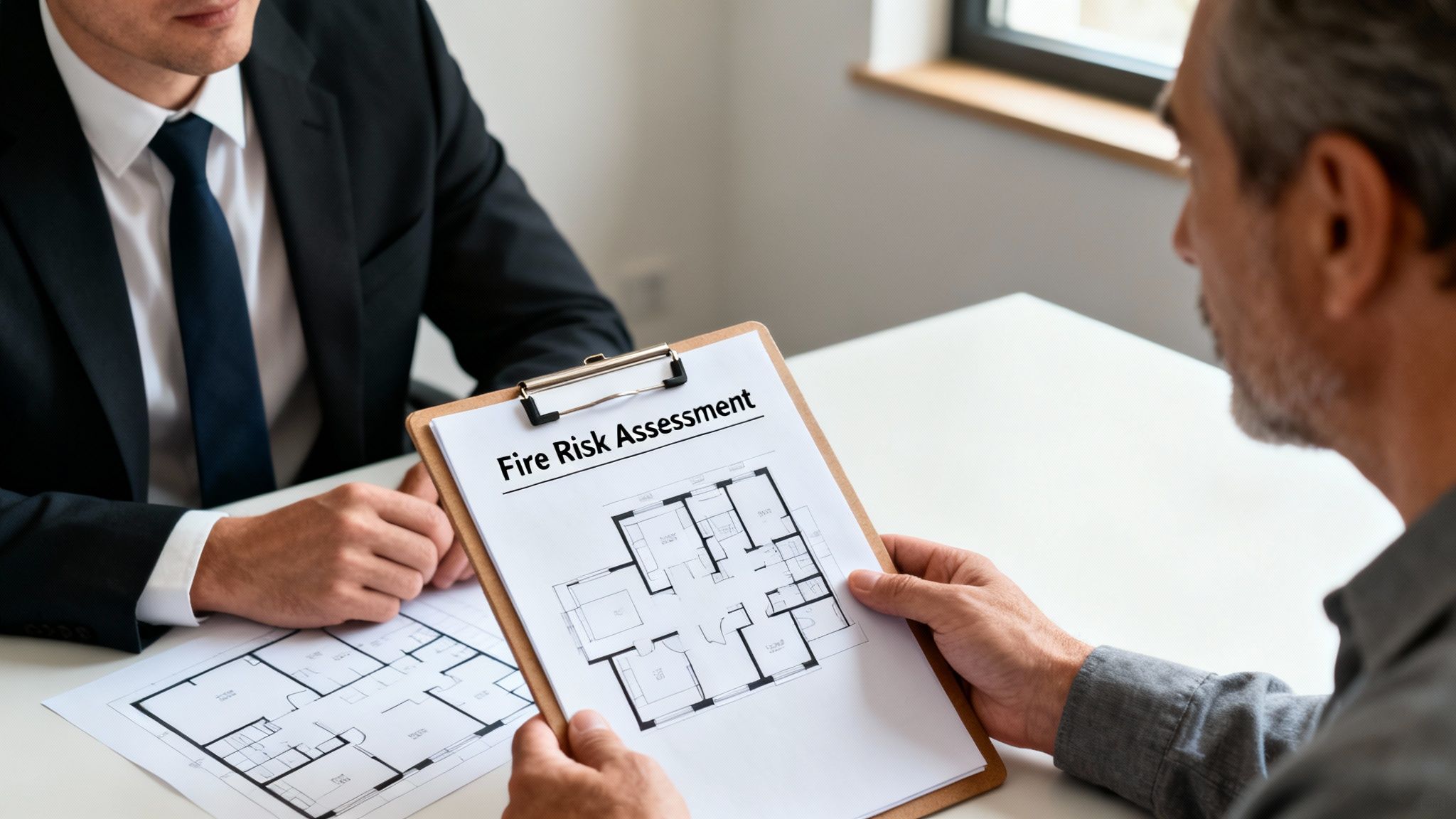 Two men review a 'Fire Risk Assessment' document with a floor plan at a table.