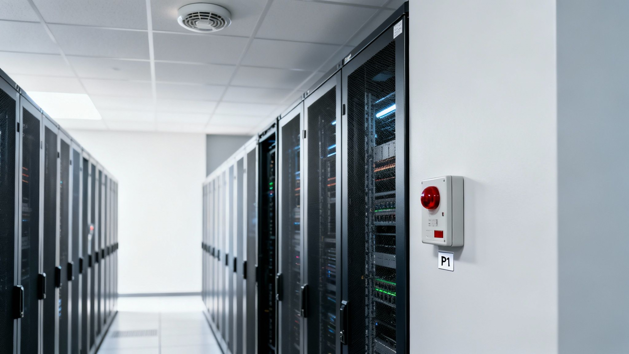 An aisle in a modern data center with rows of server racks and a red fire alarm bell on the wall.
