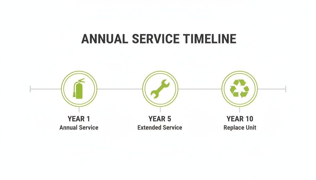 Timeline showing fire extinguisher maintenance: Annual service year 1, extended service year 5, replace unit year 10.