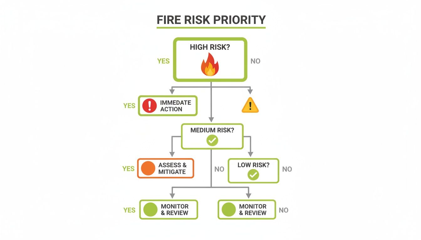 A flowchart titled 'Fire Risk Priority' outlining actions for high, medium, and low fire risk levels.