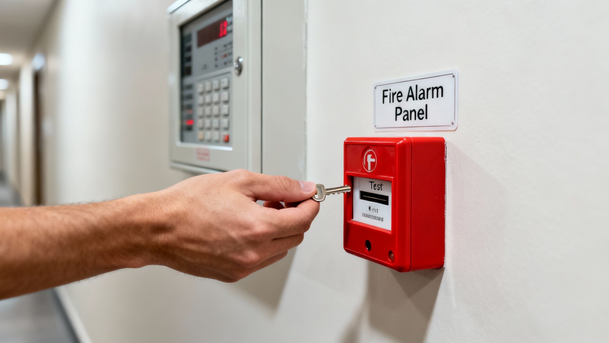 A hand inserts a key into a red fire alarm call point labeled 'Test' next to a control panel.