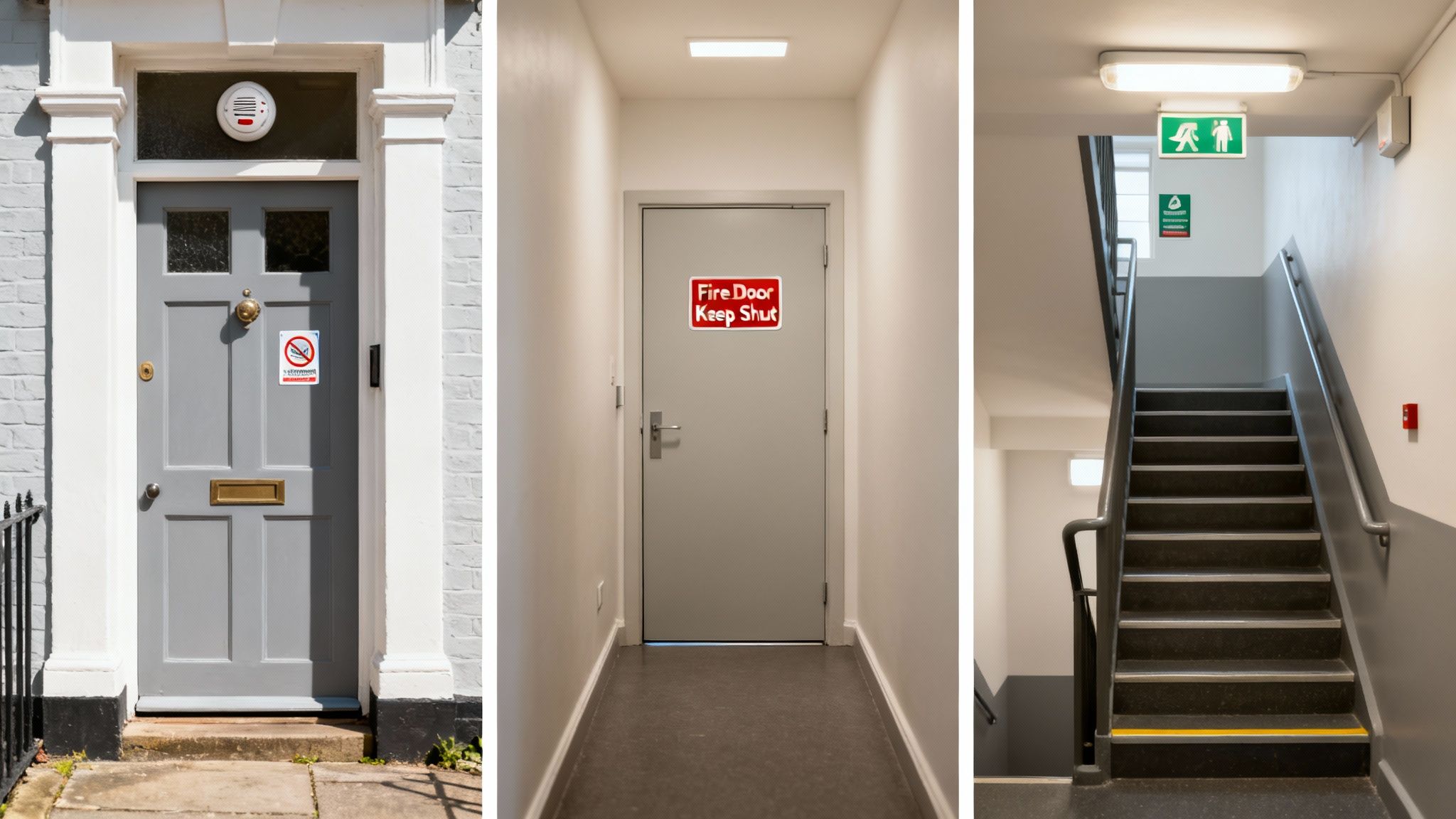 Three images show fire safety measures, including no smoking signs, fire doors, and emergency exit routes.