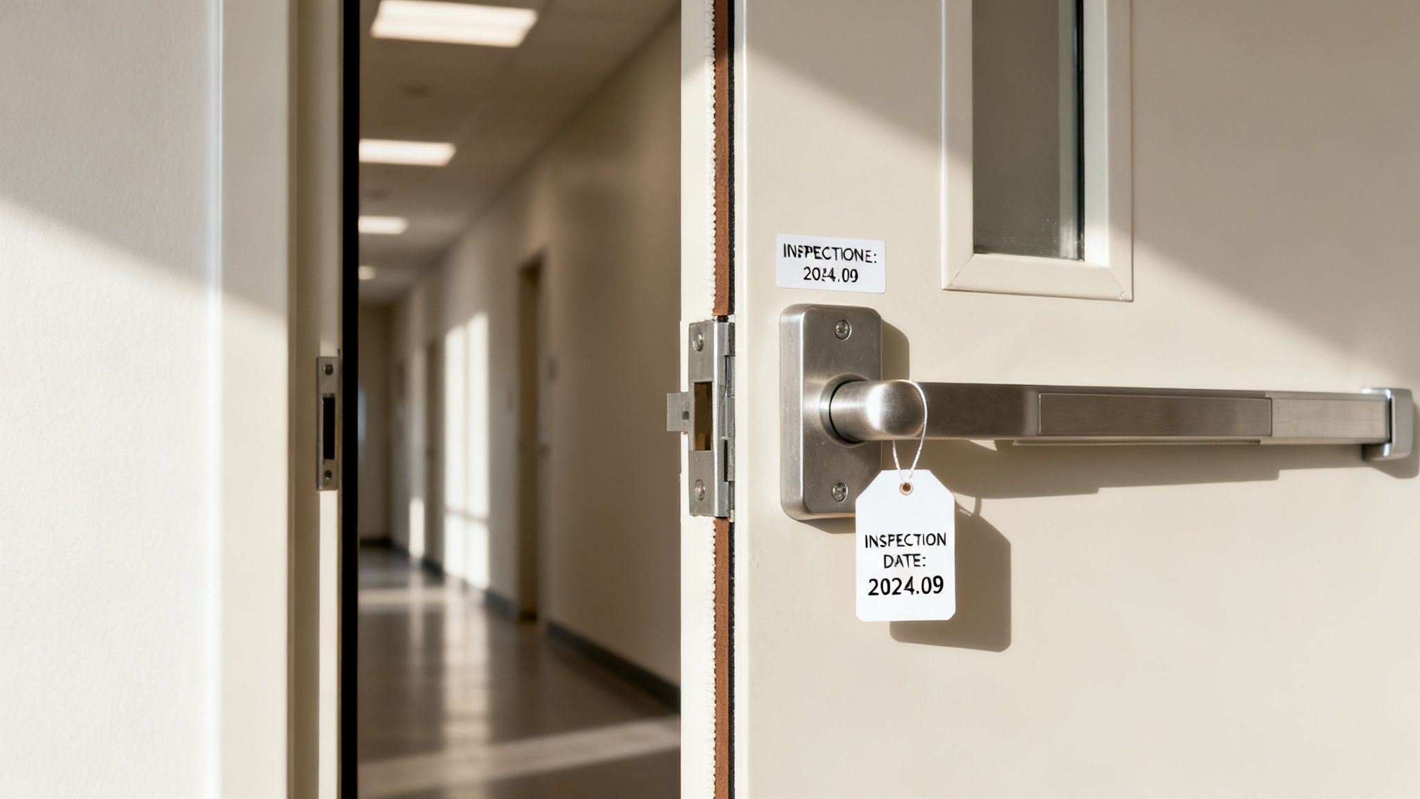 An open fire door with a safety inspection tag showing the date, revealing a hallway beyond.