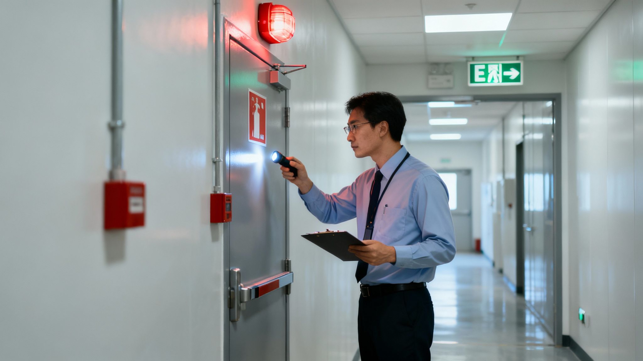 Man inspects fire exit door and safety equipment with a flashlight and clipboard.