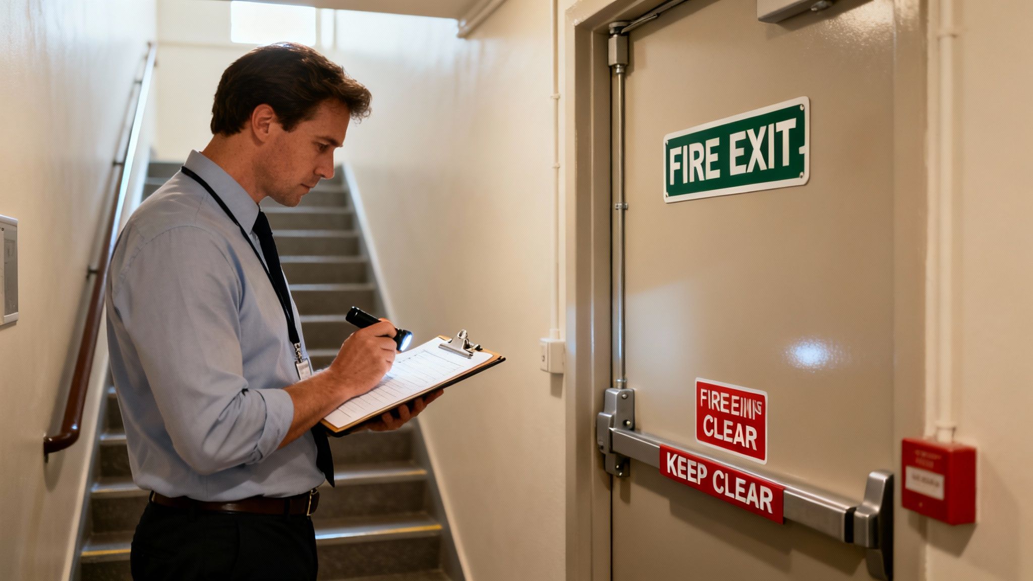 A safety inspector checks a fire exit door with a flashlight and clipboard in a building stairwell.