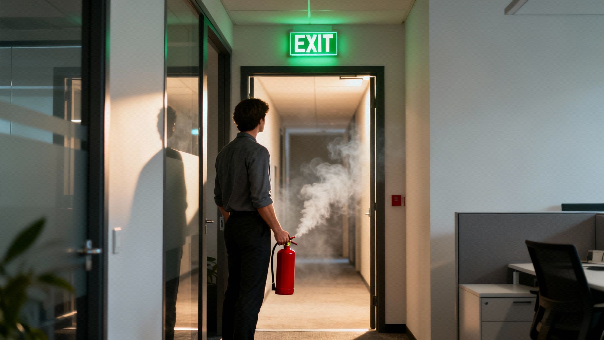Man holding a smoking fire extinguisher, looking into a smoky office hallway under an exit sign.