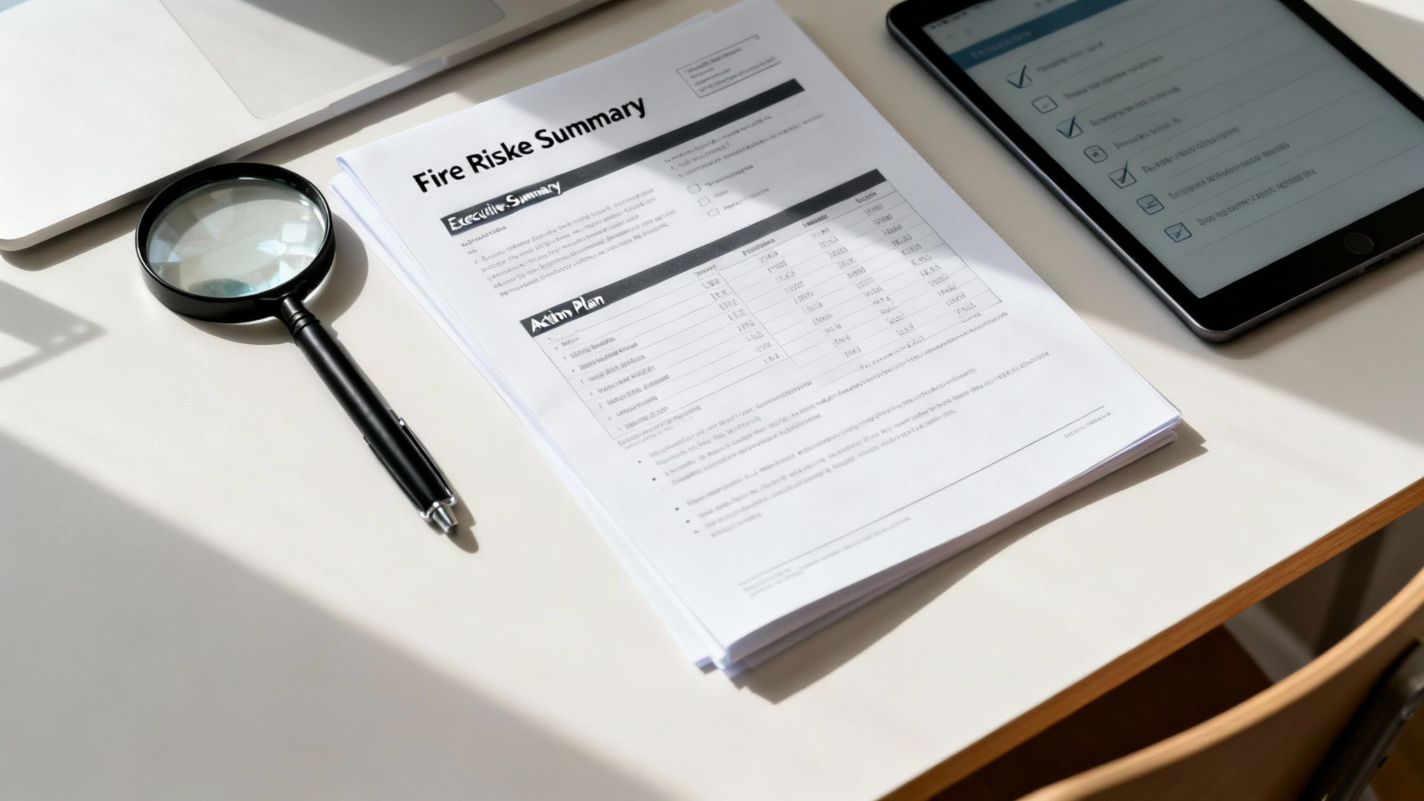 Overhead view of a fire risk summary document, magnifying glass, laptop, and tablet on a light-colored desk.