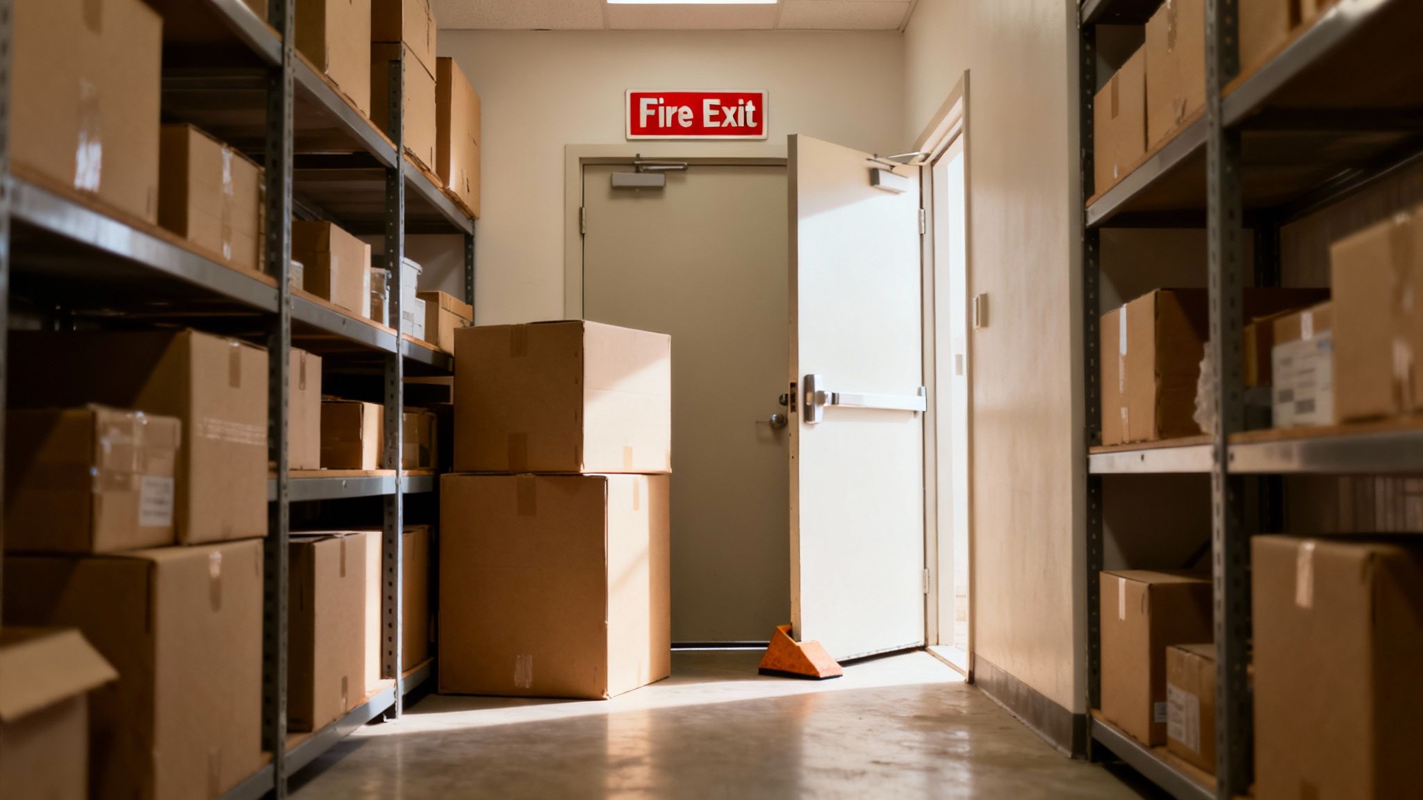 A storage room filled with cardboard boxes on shelves, leading to a visible 'Fire Exit' door.