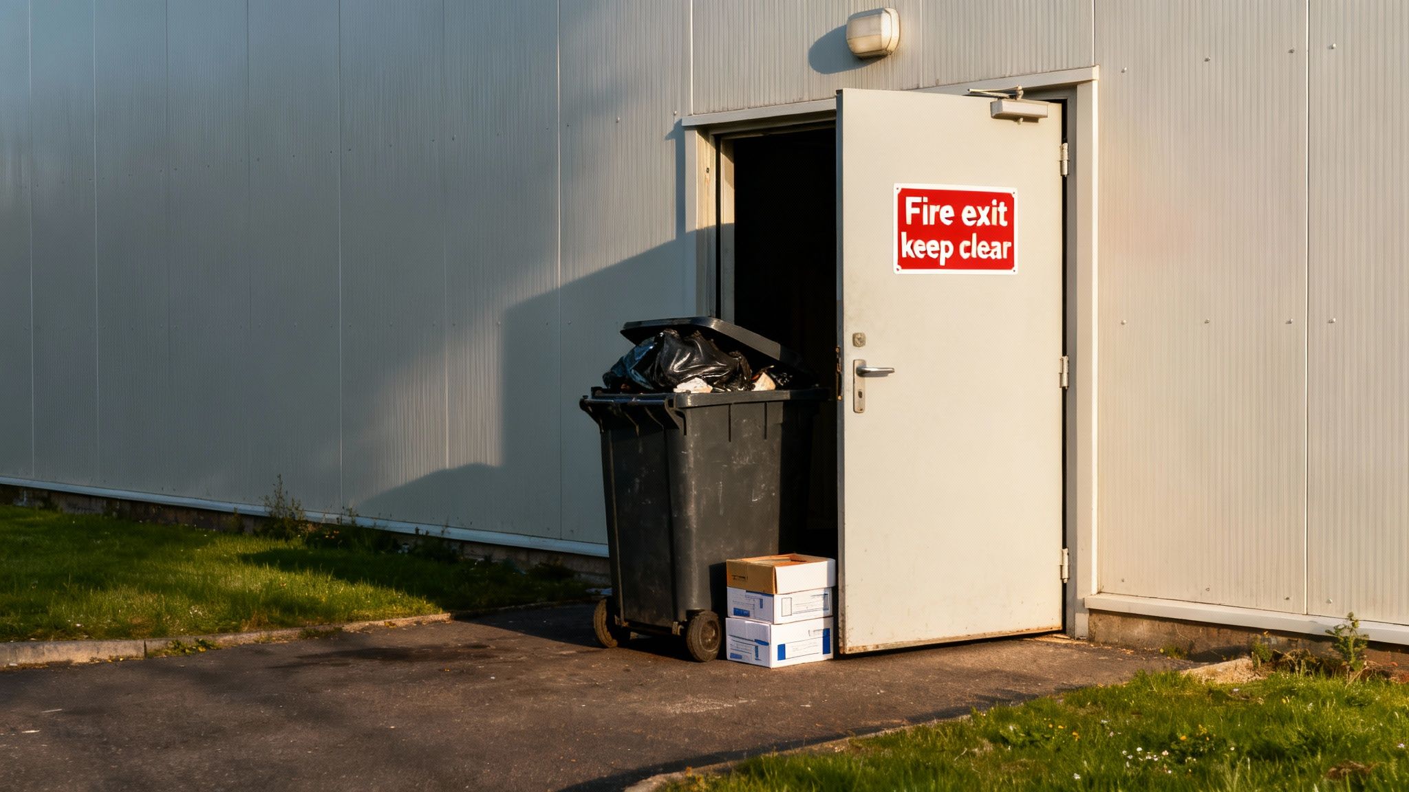 An overflowing black dumpster blocks an open fire exit door with a 'Fire exit keep clear' sign.