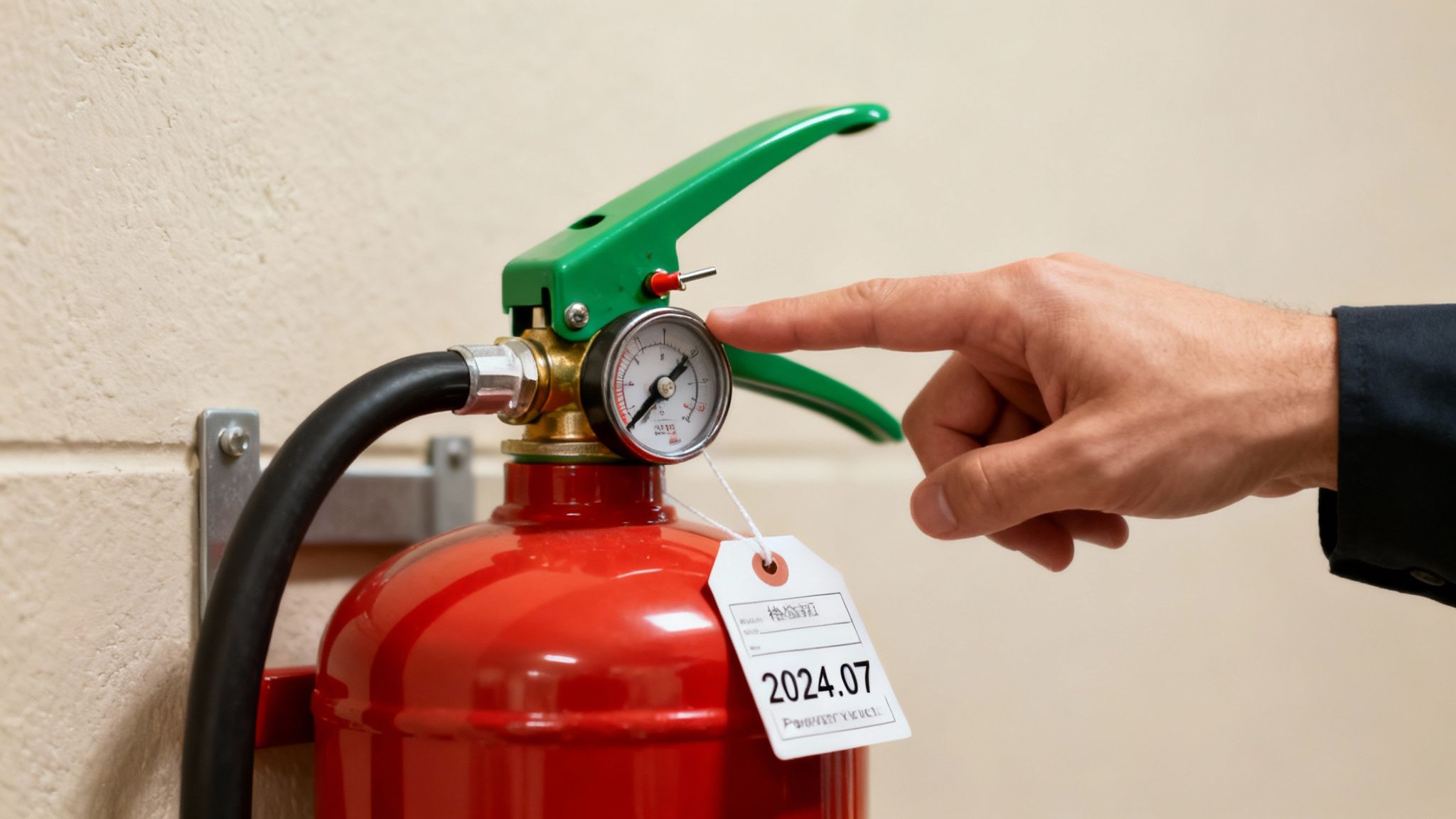 A hand points to a red fire extinguisher's pressure gauge, showing a green handle and an inspection tag '2024.07'.
