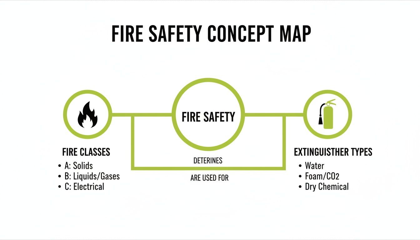 A fire safety concept map illustrates fire classes (solids, liquids, electrical) and corresponding extinguisher types.