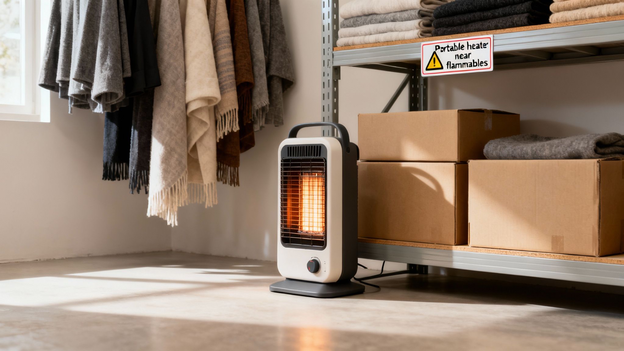 A portable heater glows near hanging blankets, cardboard boxes, and a fire hazard warning sign.