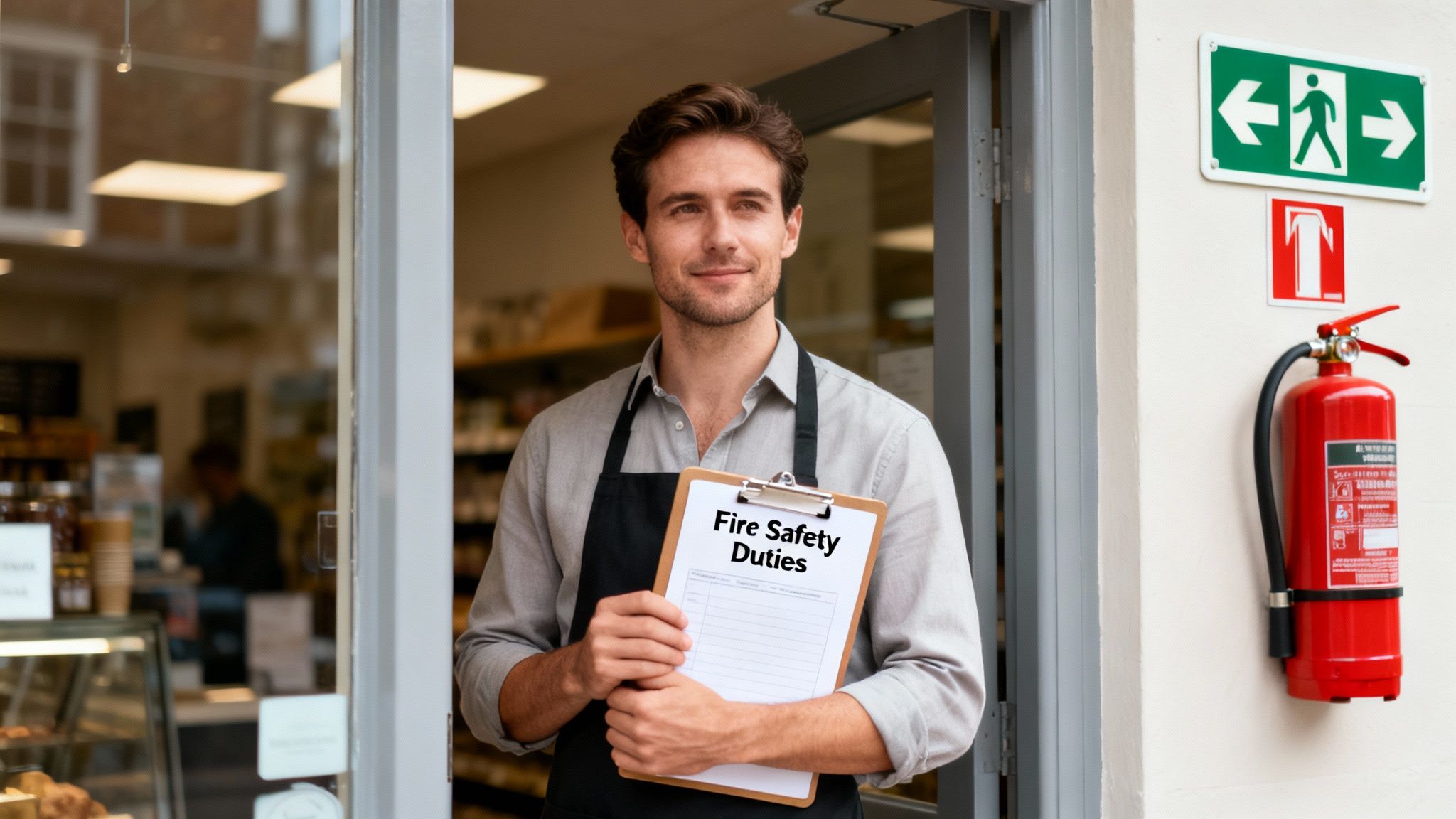 A smiling male shop owner holds a fire safety duties clipboard near an exit sign and fire extinguisher.