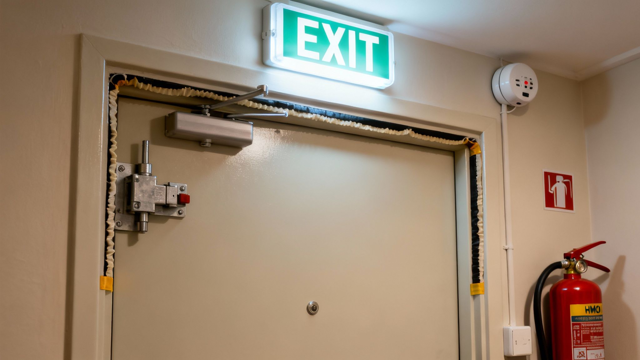 Emergency exit door with a green sign, fire extinguisher, smoke detector, and safety features.