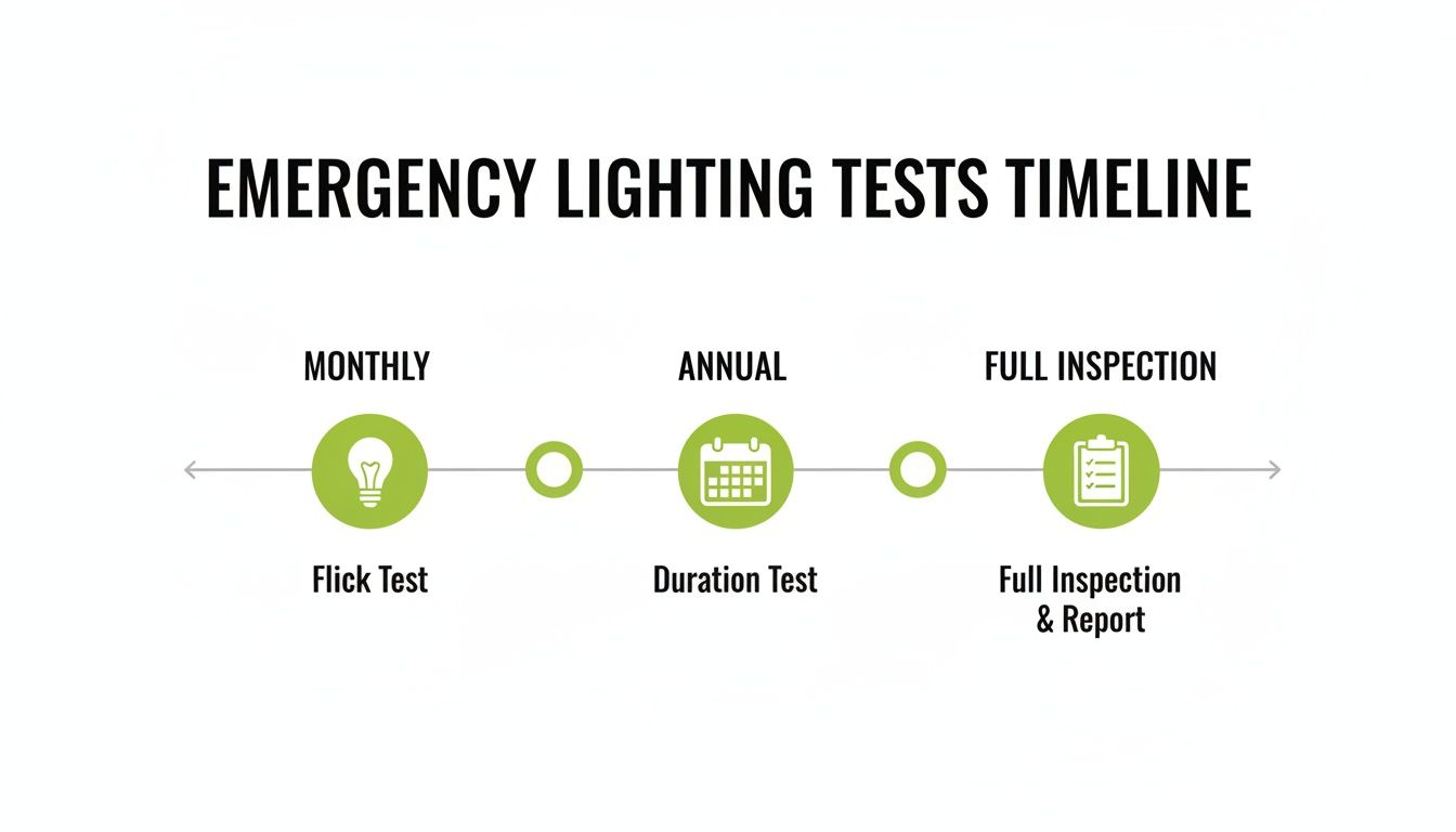 Timeline of emergency lighting tests, including monthly flick test, annual duration test, and full inspection.
